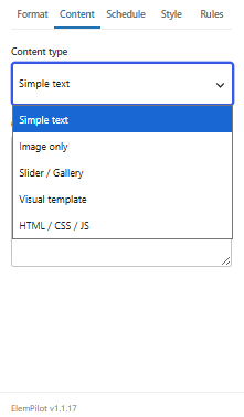 ElemPilot Content type selector