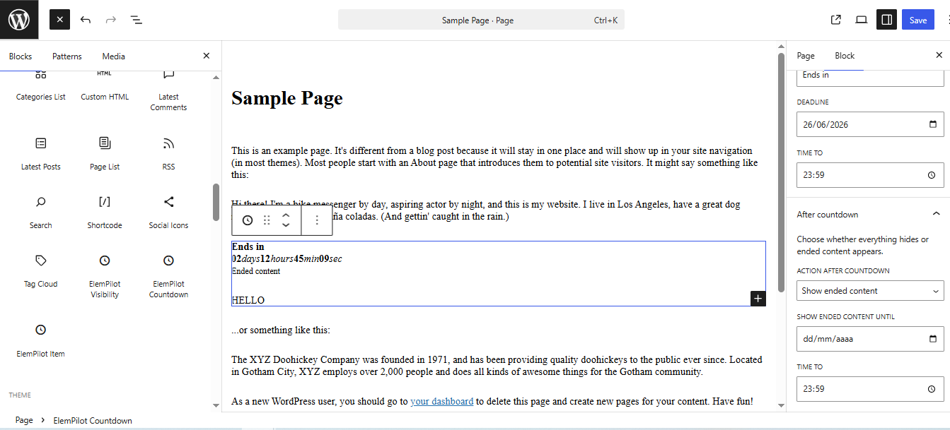 ElemPilot Gutenberg countdown block example