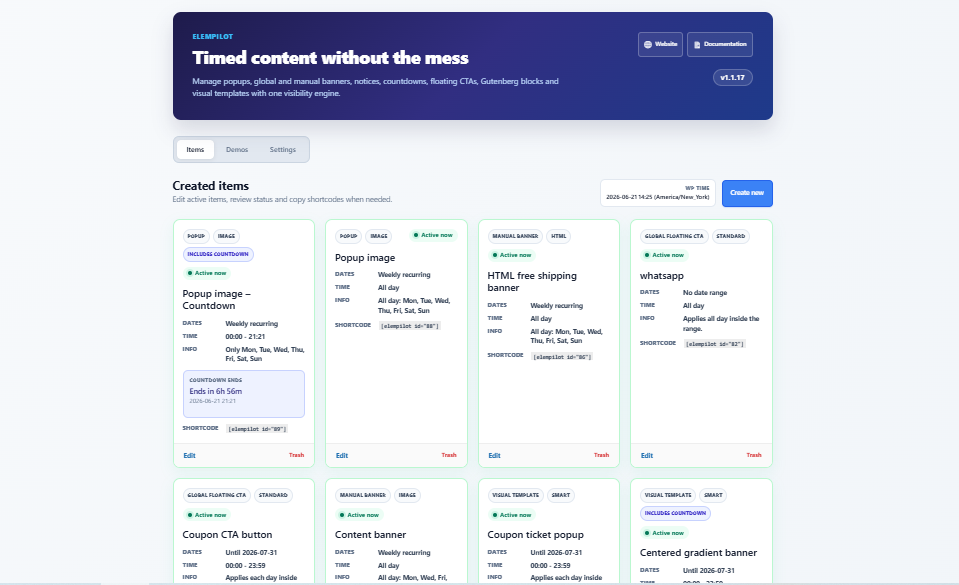 ElemPilot dashboard and items list