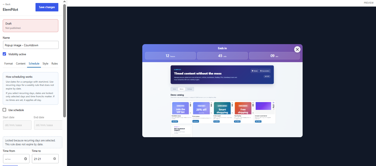 Popup image with embedded countdown example
