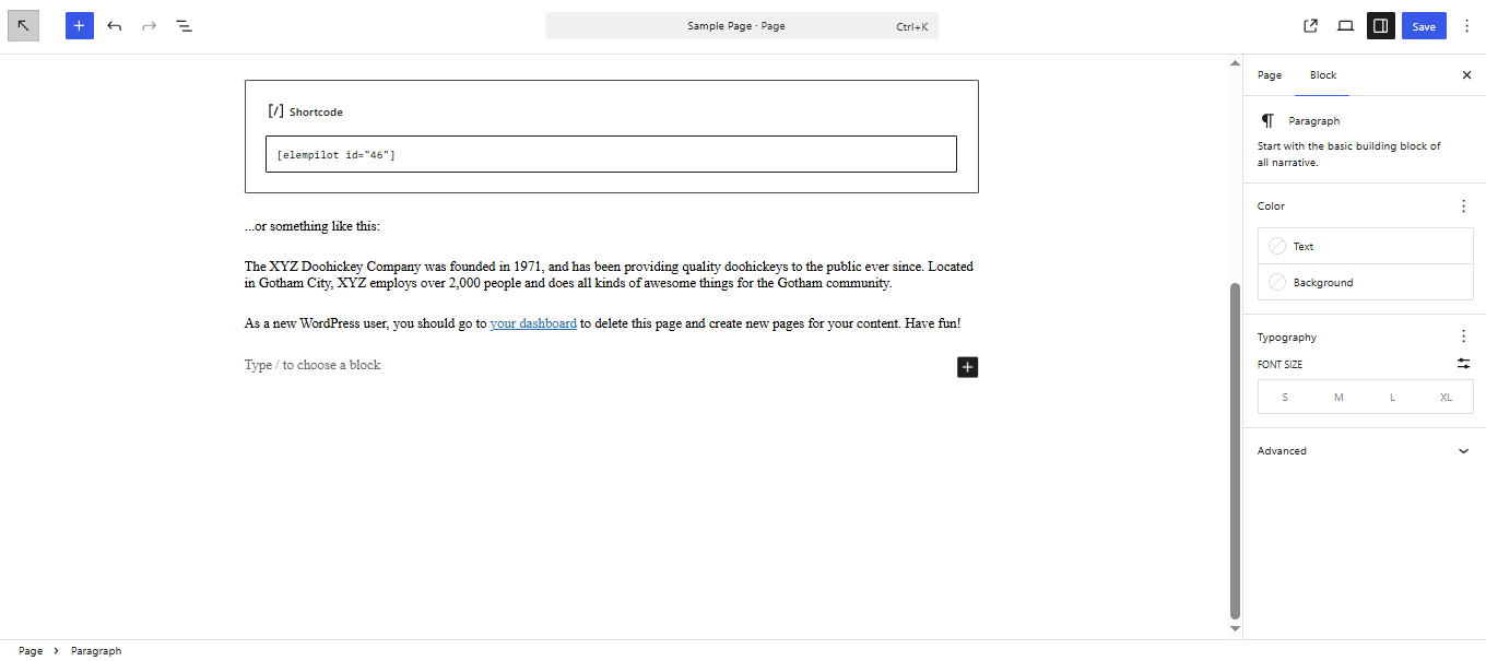 WordPress Shortcode block rendering an ElemPilot item
