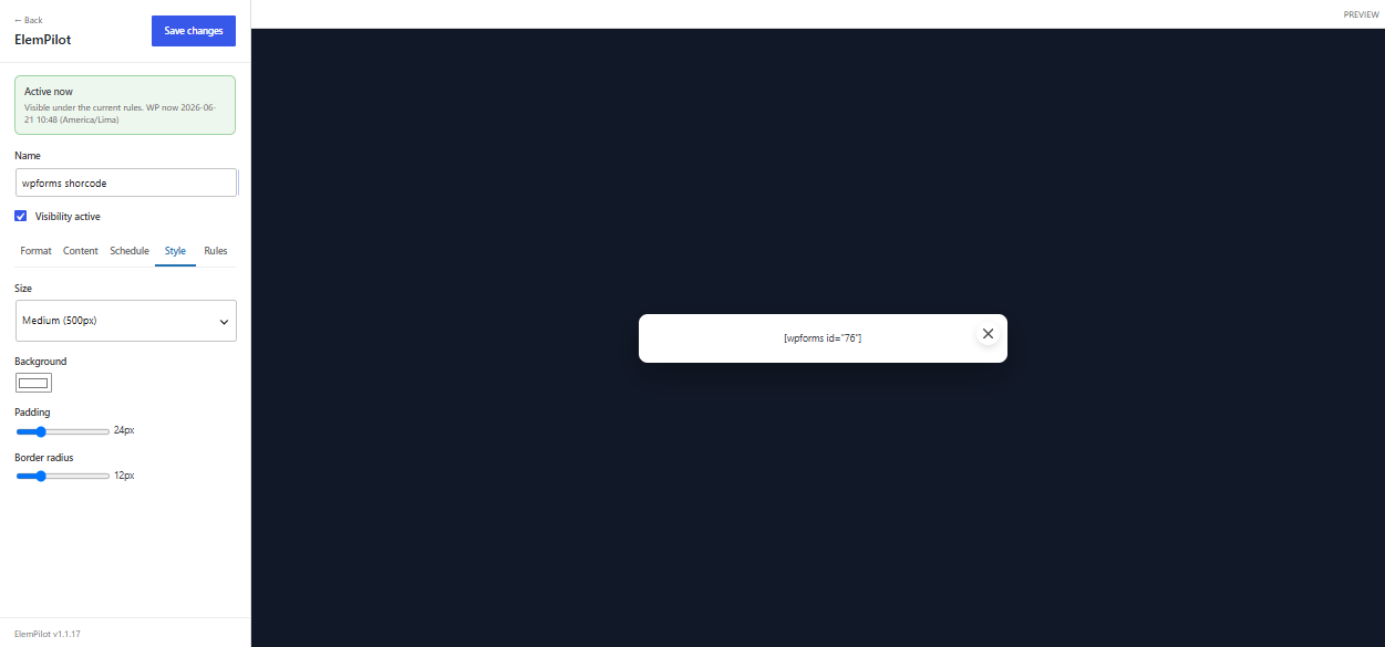 Rendered form shortcode inside ElemPilot